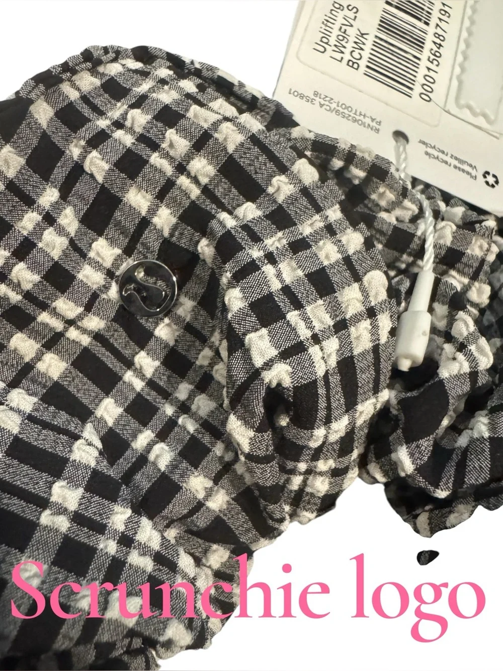 Lululemon gingham Seersucker Check Gathered Headband scrunchie White Black NWT